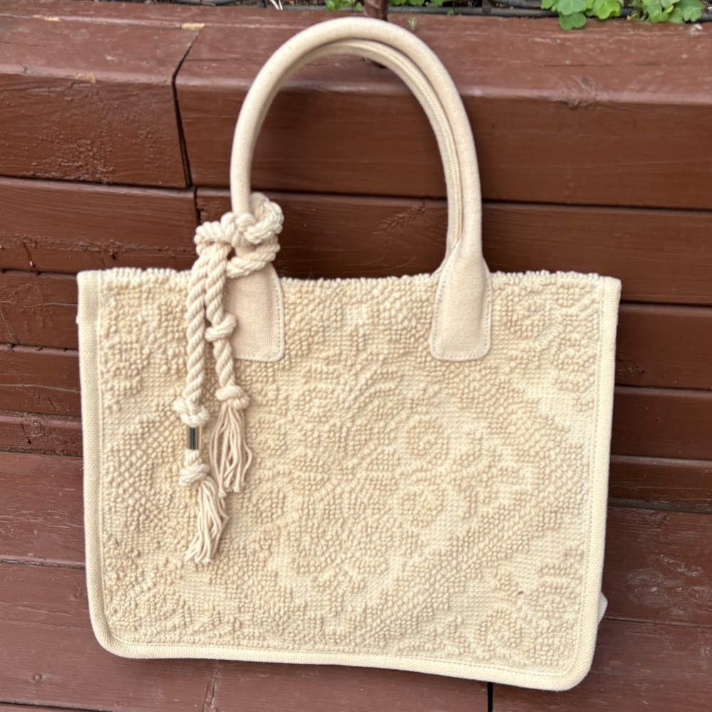 Vince Camuto Cream Textured Tote Bag with Floral Accents